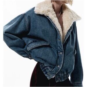 ISO IN SEARCH OF! MANGO Denim Bomber Jacket with Removable Shearling Collar